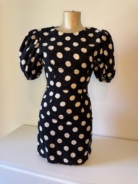 Vintage Patrick Black and White Silk Polka Dot Puff Sleeve Dress